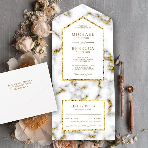 Faux Gold Glitter White Grey Marble Wedding All In One Invitation