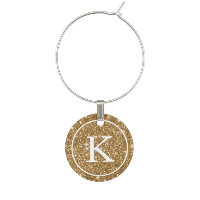 Faux Gold Glitter with Monogram Initial Wine Glass Charm (Front)