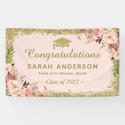 Faux Gold Glitters Blush Pink Floral Graduation Banner - Faux Gold Glitters Blush Pink Floral Graduation Party Banner. 
(1) For further customization, please click the "customize further" link and use our design tool to modify this template. 
(2) If you need help or matching items, please contact me.