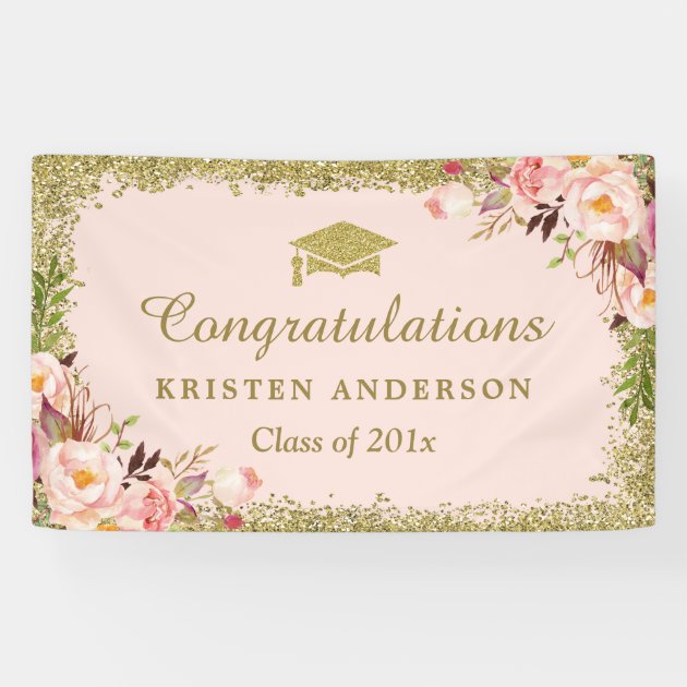 Faux Gold Glitters Blush Pink Floral Graduation Banner