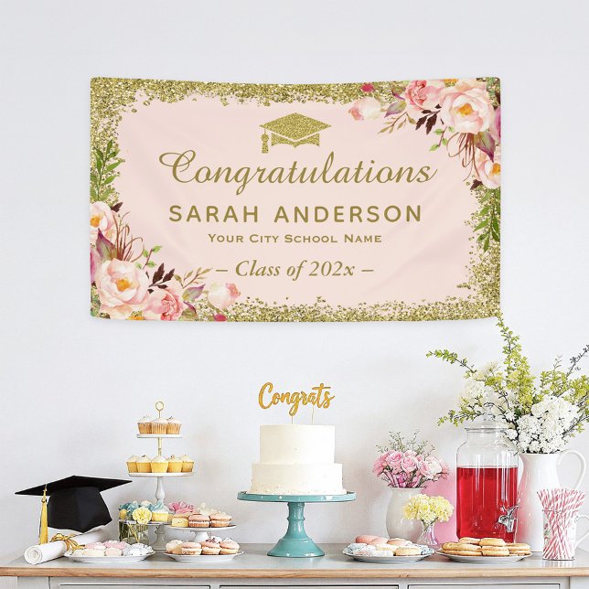 Faux Gold Glitters Blush Pink Floral Graduation Banner (Creator Uploaded)