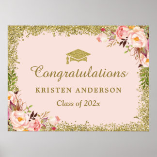Faux Gold Glitters Blush Pink Floral Graduation Poster