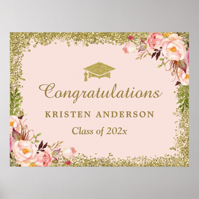 Faux Gold Glitters Blush Pink Floral Graduation Poster (Front)