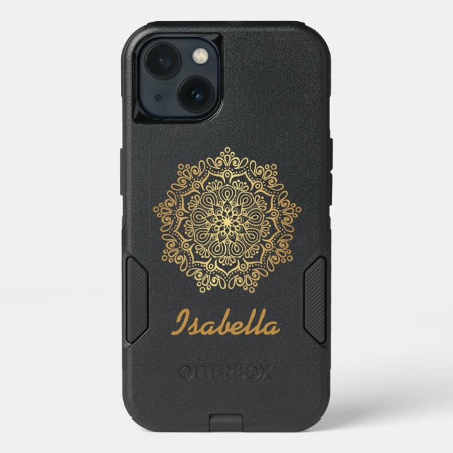 Faux gold Gold Mandala black monogrammed Otterbox iPhone Case (Back)