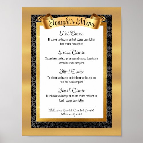 Faux gold gourmet dinner party catering menu poster