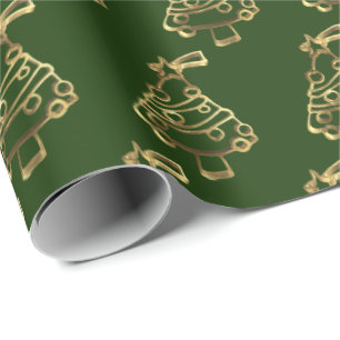 Faux Gold Green Christmas Tree Pattern Elegant Wrapping Paper