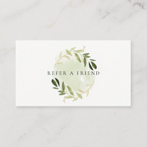 FAUX GOLD GREEN FOLIAGE WATERCOLOR REFER A FRIEND BUSINESS CARD