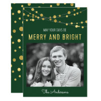 Faux Gold Green Merry & Bright Lights Photo Card