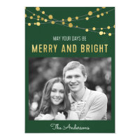 Faux Gold Green Merry & Bright Lights Photo Magnetic Card