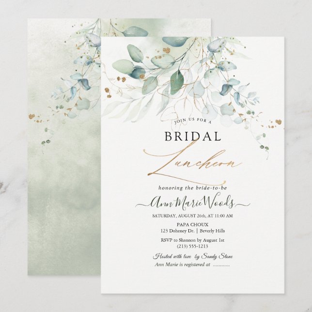 Faux Gold Green Watercolor Eucalyptus Luncheon Invitation (Front/Back)