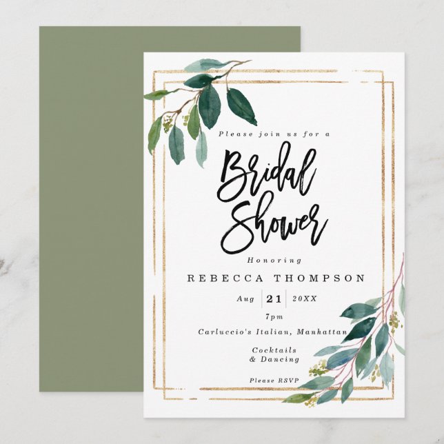 faux gold & greenery boho modern bridal shower invitation (Front/Back)