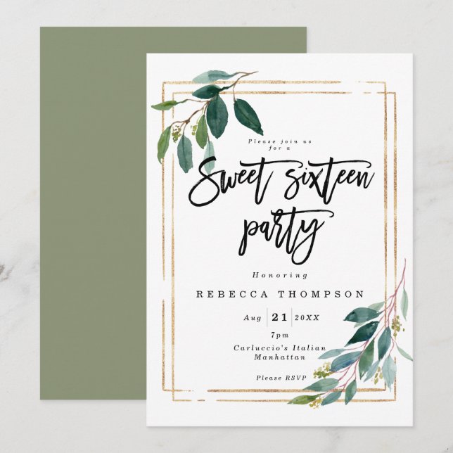 faux gold greenery geometric modern sweet 16 invitation (Front/Back)