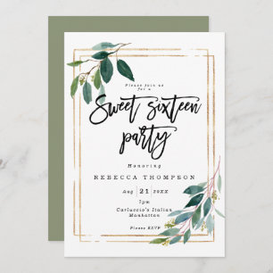 faux gold greenery geometric modern sweet 16 invitation