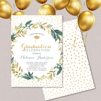 Faux Gold Greenery Wreath + confetti Graduation Invitation