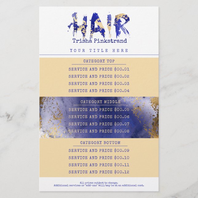 Faux gold hair stylist salon service price list stationery (Front)