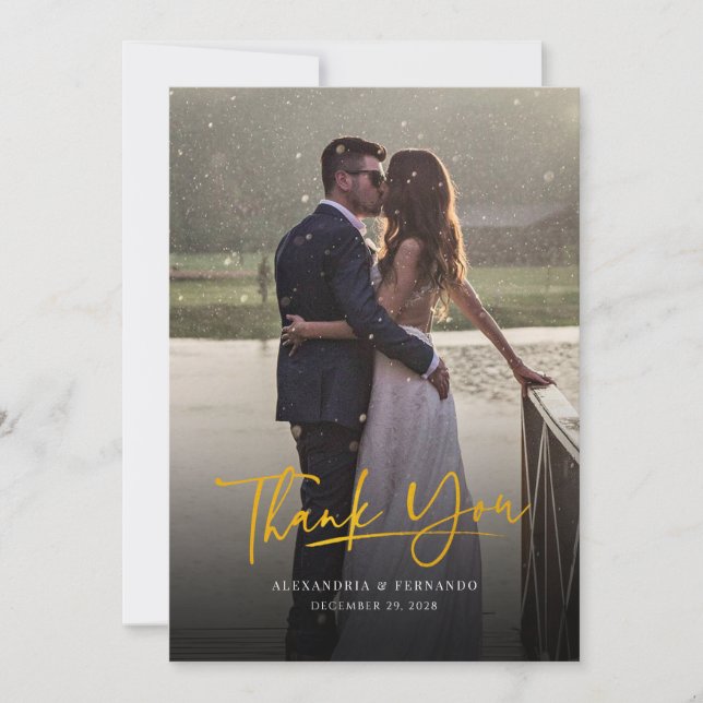 Faux Gold Hand-Lettered Script Wedding Thank You Card (Front)