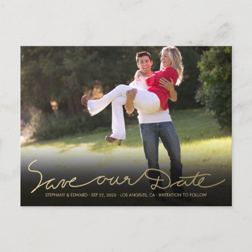 Faux Gold Handwrite Save our Date Photo Postcard