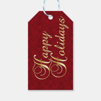 Faux Gold "happy Holidays" On Red Damask Gift Tags by LilithDeAnu at Zazzle