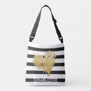 Faux Gold Heart Black Striped Personalized Crossbody Bag
