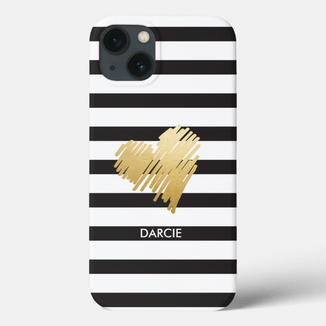 Faux Gold Heart Black White Striped Personalized Case-Mate iPhone Case (Back)