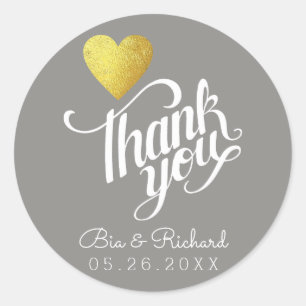 faux gold heart of love, 'thank you' gray wed classic round sticker