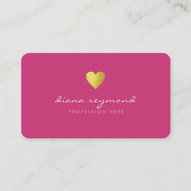 faux gold heart on fuchsia pink feminine pro business card (Front)