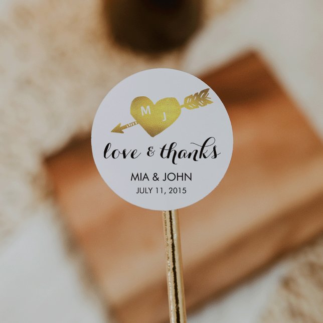Faux Gold Heart Thank You Monogram Wedding Favor Classic Round Sticker (Creator Uploaded)