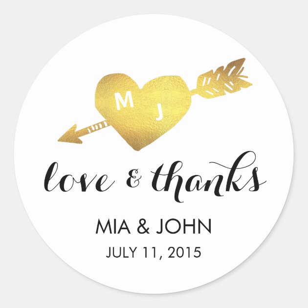 Faux Gold Heart Thank You Monogram Wedding Favor Classic Round Sticker