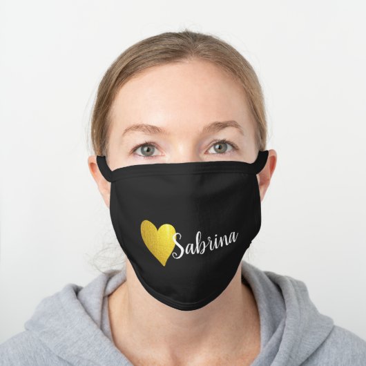 Faux Gold Heart with Cursive Name Black Cotton Face Mask (Worn)