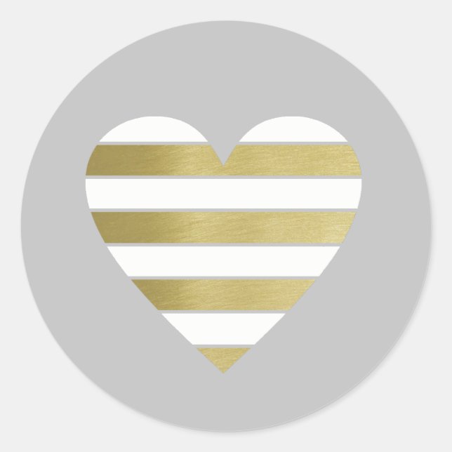 faux gold heart with white stripes, modern  classic round sticker (Front)