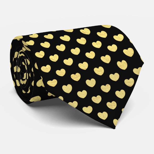 Faux gold hearts pattern on black background neck tie (Rolled)