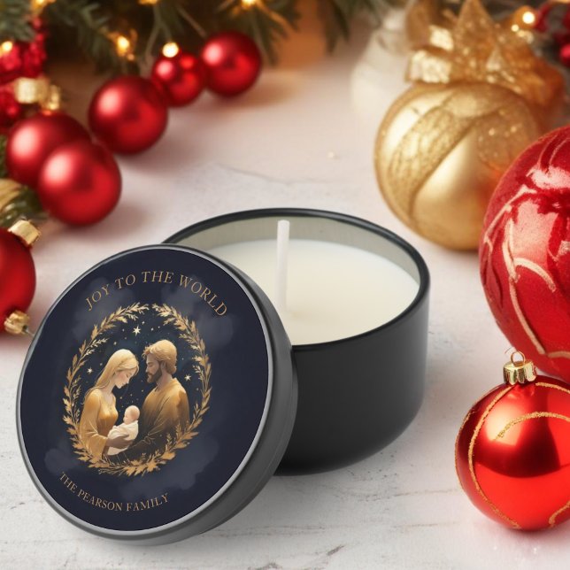 Faux Gold Holy Family Nativity Exquisite Modern Mini Candle Favors (Faux Gold Holy Family Nativity Exquisite Contemporary Christmas Soy Wax Candle Favor Mini Candle.)