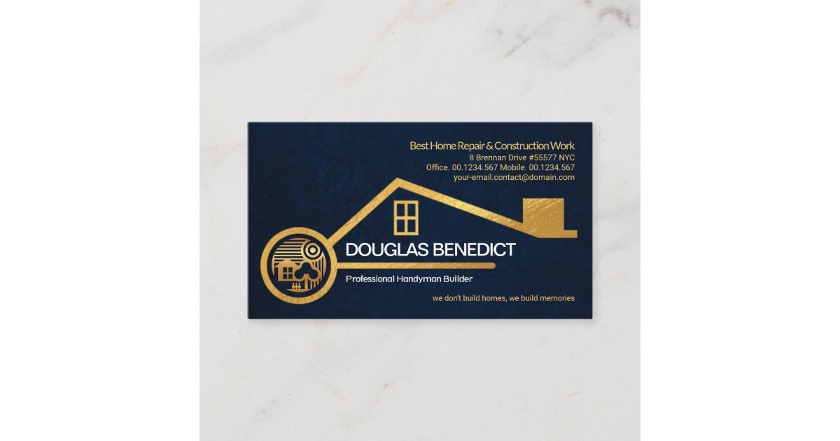 Faux Gold Home Blue Grunge Texture Construction Business Card | Zazzle