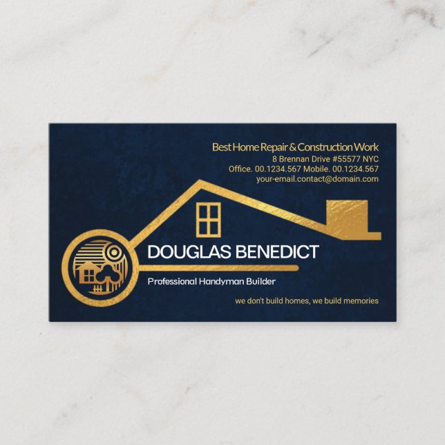 Faux Gold Home Blue Grunge Texture Construction Business Card (Front)