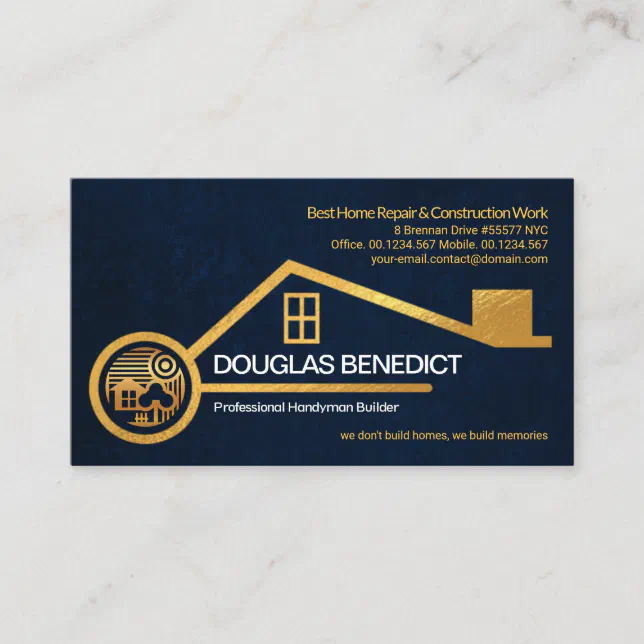Faux Gold Home Blue Grunge Texture Construction Business Card | Zazzle