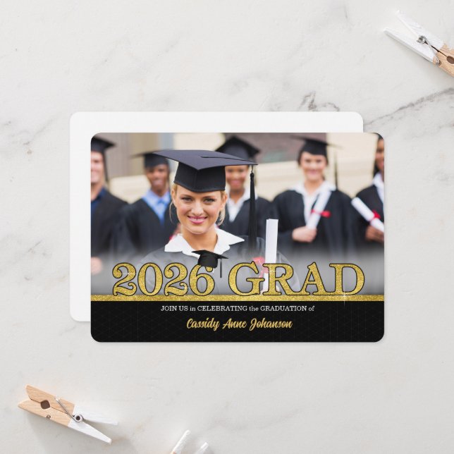 Faux Gold HORZ Photo 2026 Graduation Party Invitation (Front/Back In Situ)