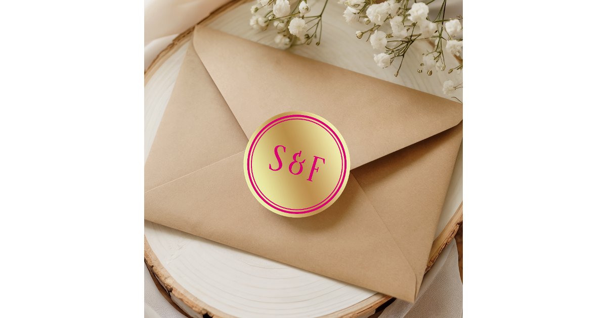 Faux Gold Hot Pink Wedding Monogram Envelope Seal | Zazzle