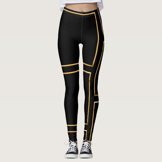 Faux Gold Illustrated Rectangular Stylish Black Leggings (Front)