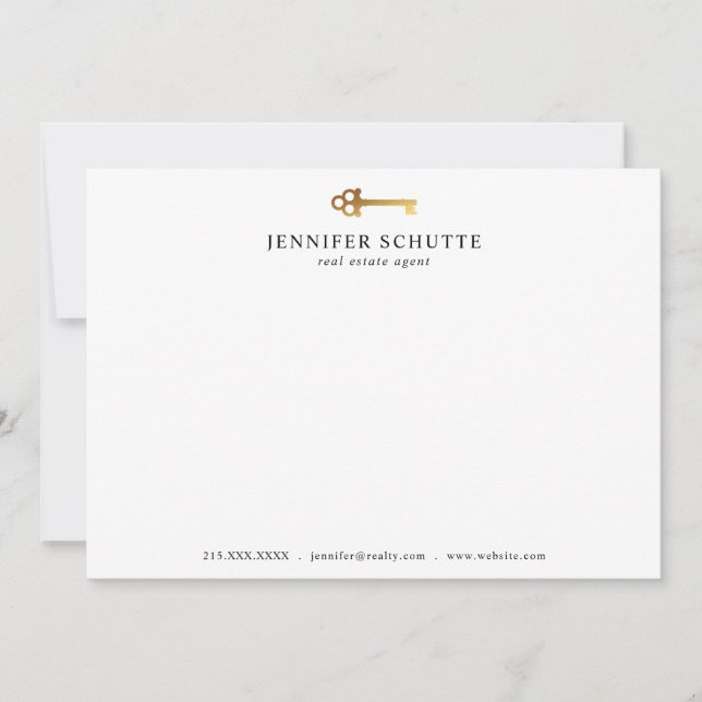 Faux Gold Key Personalized Chic Realtor Stationery Note Card (Front)