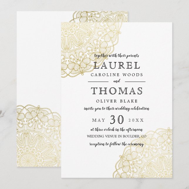 Faux Gold Lace Elegant Wedding Invitation (Front/Back)