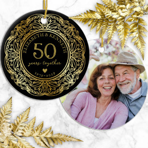 Faux Gold Lace Frame 50th Wedding Anniversary Ceramic Ornament