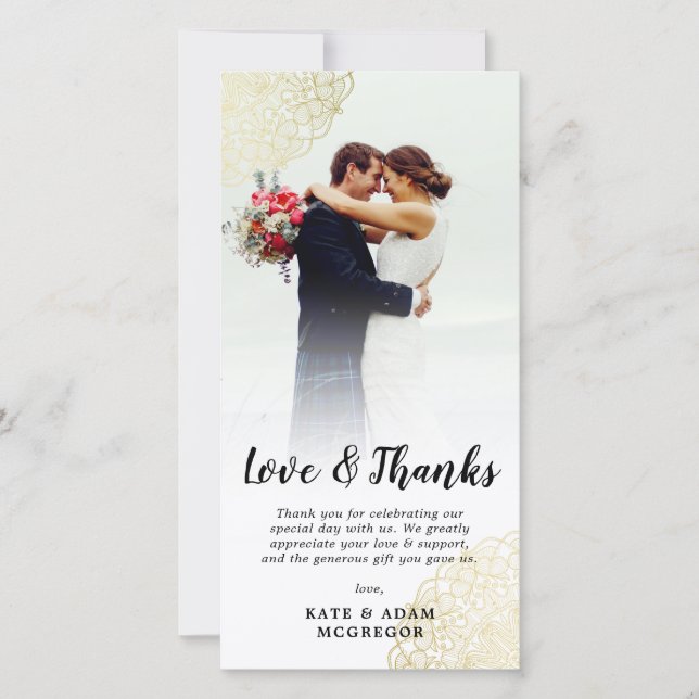 Faux Gold Lace Wedding Photo Thank You Card (Front)
