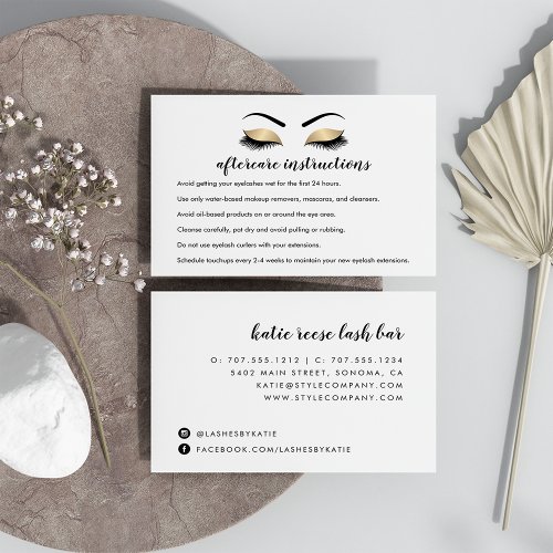 Faux Gold Lash Extension Aftercare Instructions Business Card