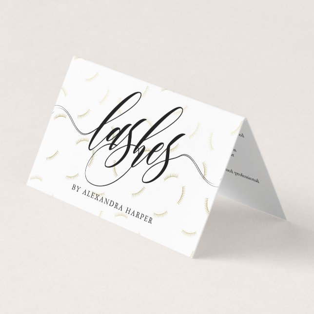 Faux Gold Lashes Calligraphy Lash Artist Aftercare Business Card (Front)