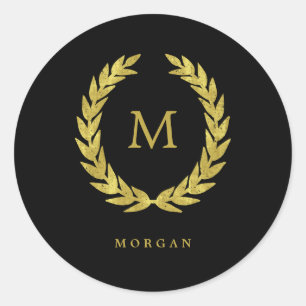 Faux Gold Laurel Wreath on Black with Monogram Classic Round Sticker