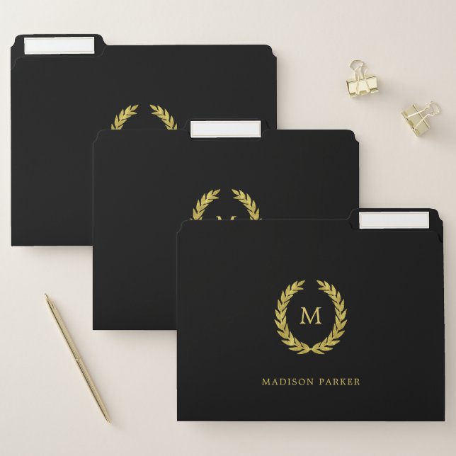 Faux Gold Laurel Wreath with Monogram on Black File Folder (Set)