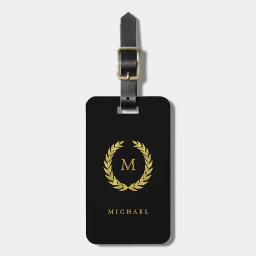 Faux Gold Laurel Wreath with Monogram on Black Luggage Tag