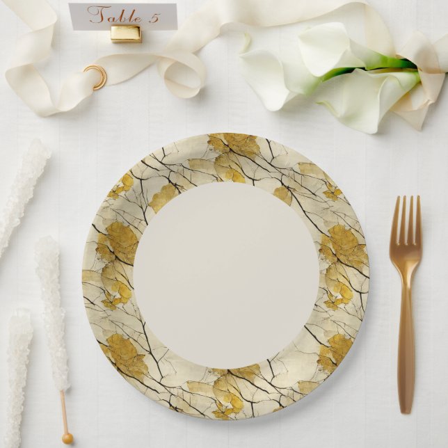 Faux Gold Leaf Border Paper Plates (Wedding)