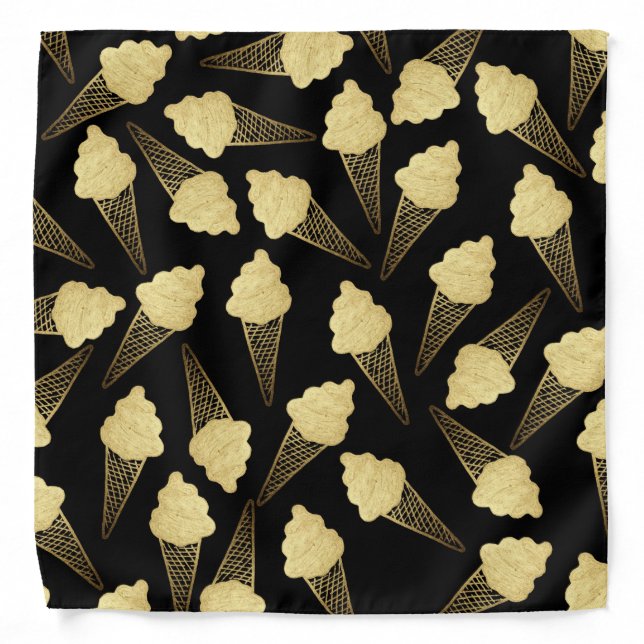 Faux Gold Leaf  Ice Cream Cones on Black Bandana (Front)