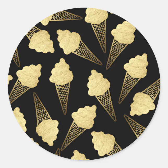 Faux Gold Leaf Ice Cream Cones on Black Classic Round Sticker | Zazzle